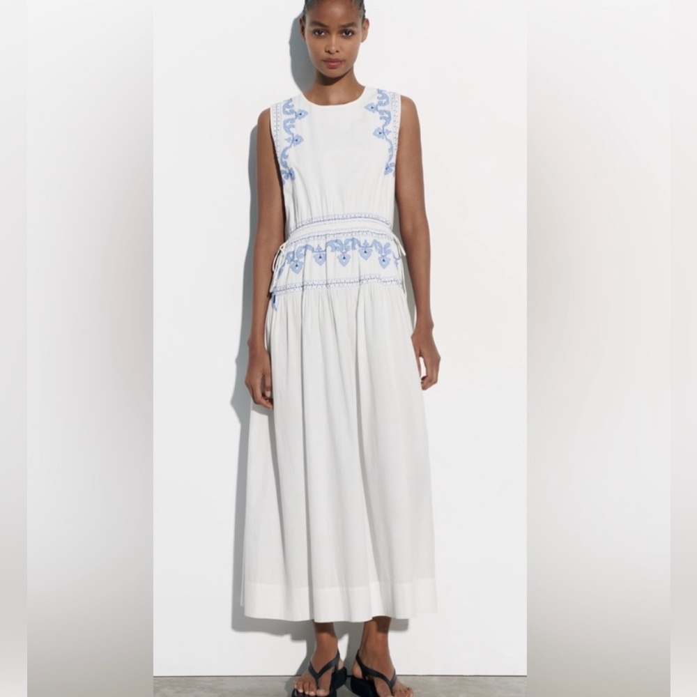 NWT Zara Embroidered Cotton Midi Dress Blue White, Sold Out